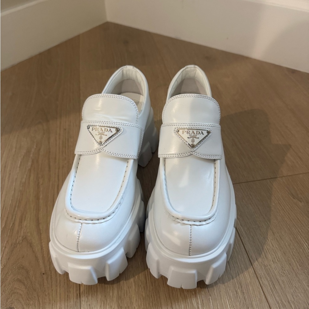 Prada White Patent Lug-Sole Loafers